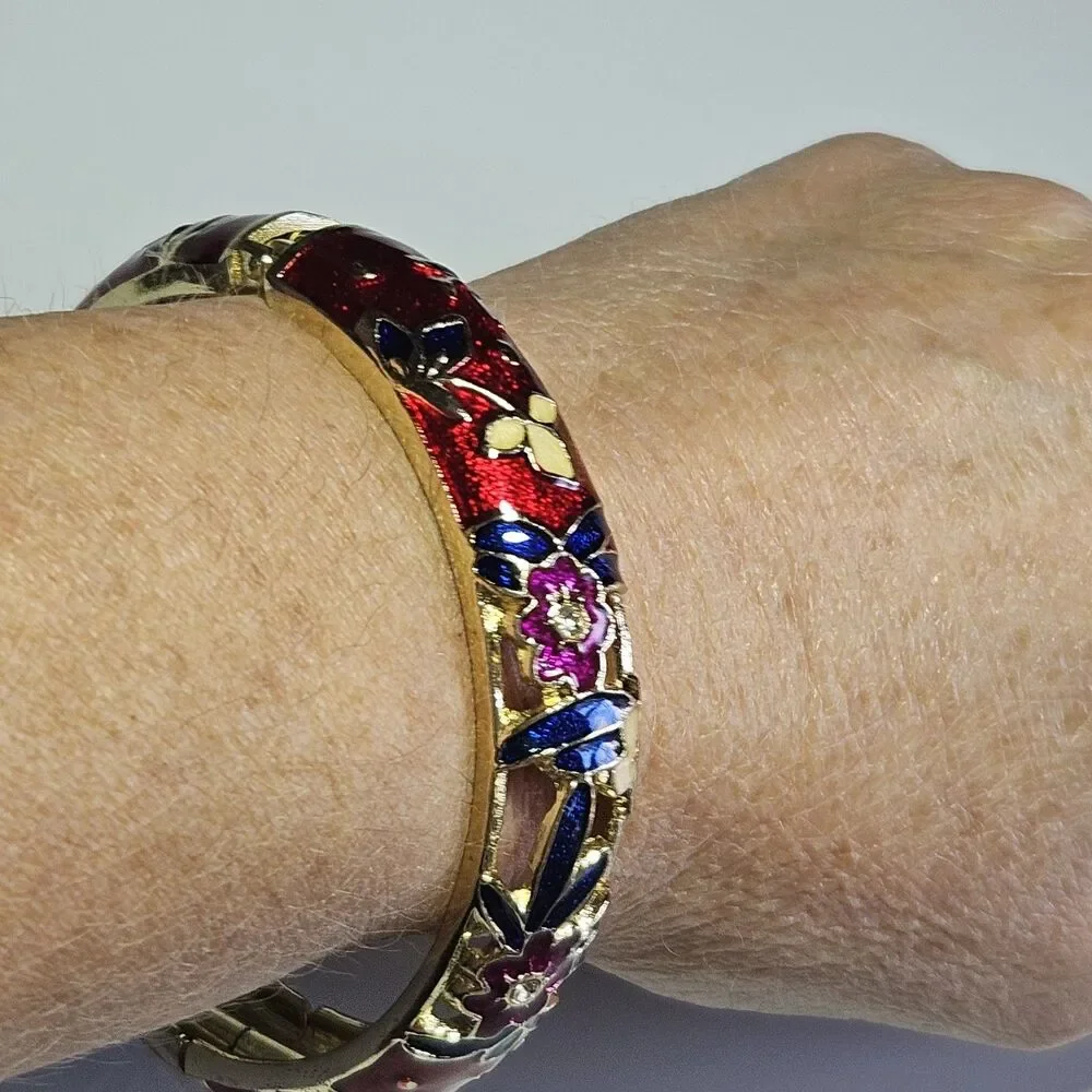 *Sale* Jiu Long Xing Gold Tone Red Blue Cloisonne Flower Hinged Bracelet 7.5" - Picture 11 of 14